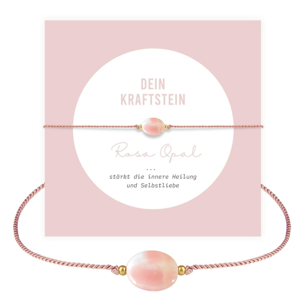 happymaker - Rosenquarz Armband Damen, handgemacht in Deutschland, Edelstein Armband rosa mit vergoldeten Perlen, Geschenkverpackung als Kraftgeber Geschenk für Frauen und Mädchen
