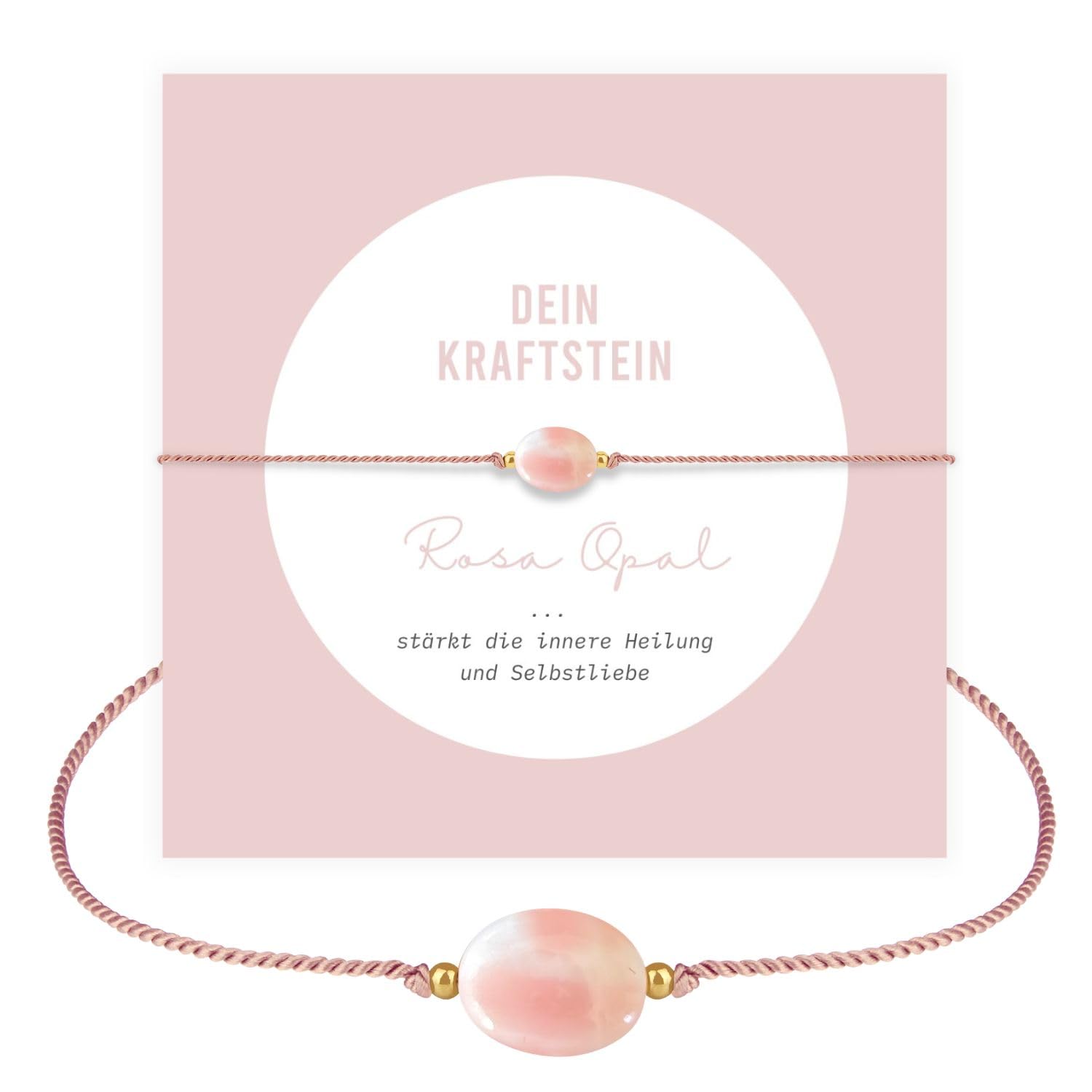happymaker - Rosenquarz Armband Damen, handgemacht in Deutschland, Edelstein Armband rosa mit vergoldeten Perlen, Geschenkverpackung als Kraftgeber Geschenk für Frauen und Mädchen
