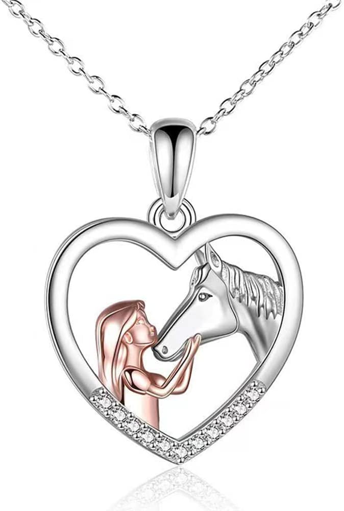 TOFBS Mädchen und Pferd Halskette Silber Herz Anhänger Halskette Geschenke für Mädchen Frauen Freundin Ehefrau Mutter Tochter Pferdeliebhaber
