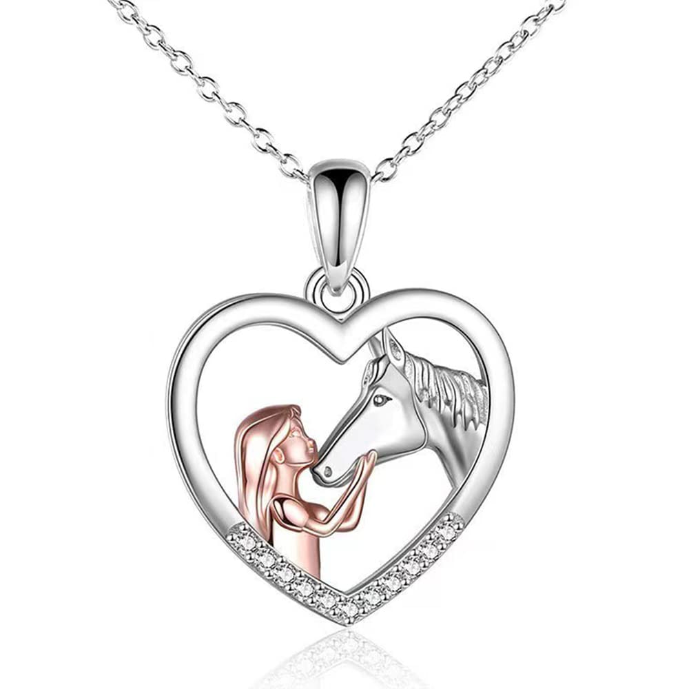 TOFBS Mädchen und Pferd Halskette Silber Herz Anhänger Halskette Geschenke für Mädchen Frauen Freundin Ehefrau Mutter Tochter Pferdeliebhaber