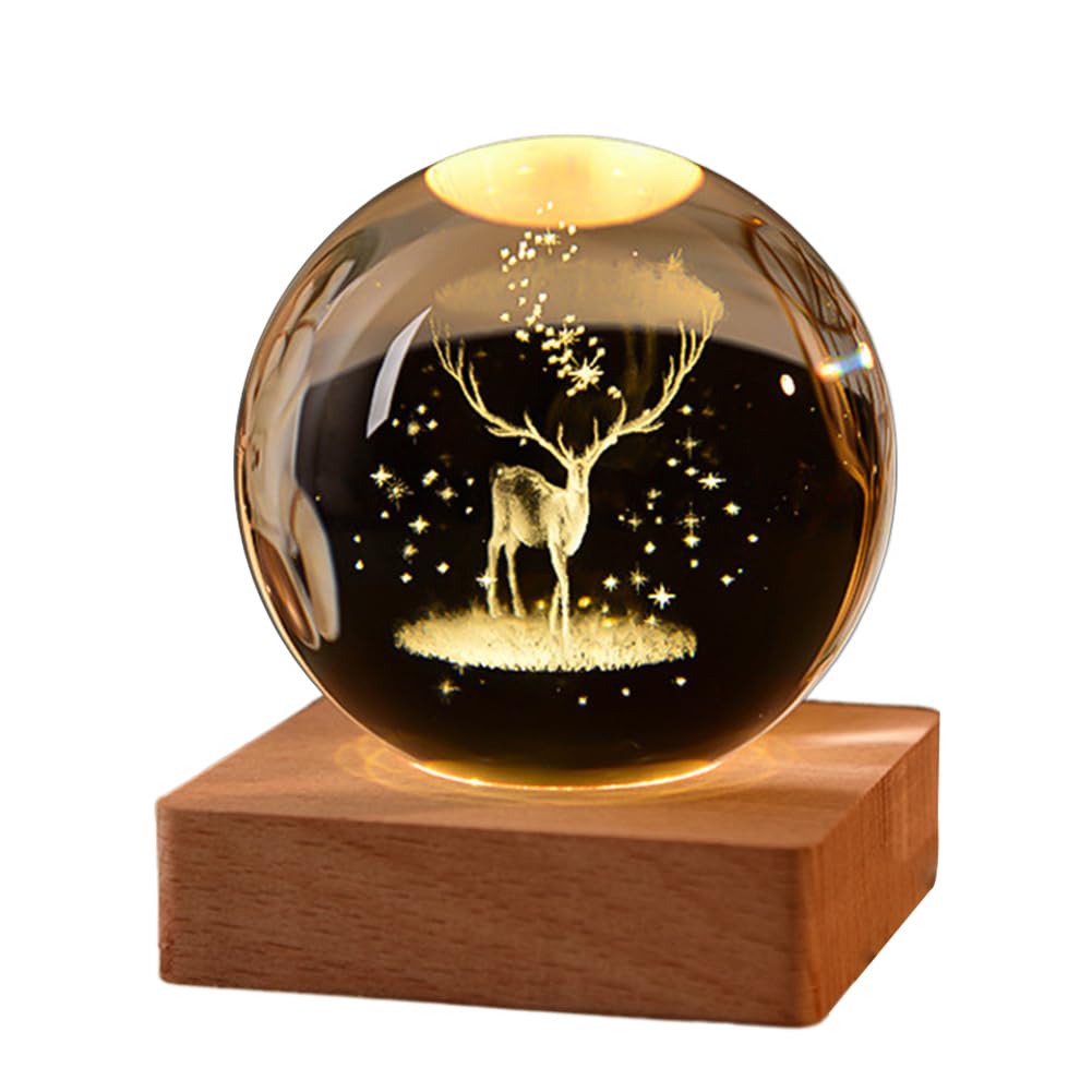 Demiawaking USB 3D Kristallkugel mit Holzsockel 3D Sonnensystem mit LED, Tischdeko Planet Lampe Nachtlicht, Geburtstag Kinder Geschenke, Party Deko (Milchstraße mit Quadrat Holzsockel)