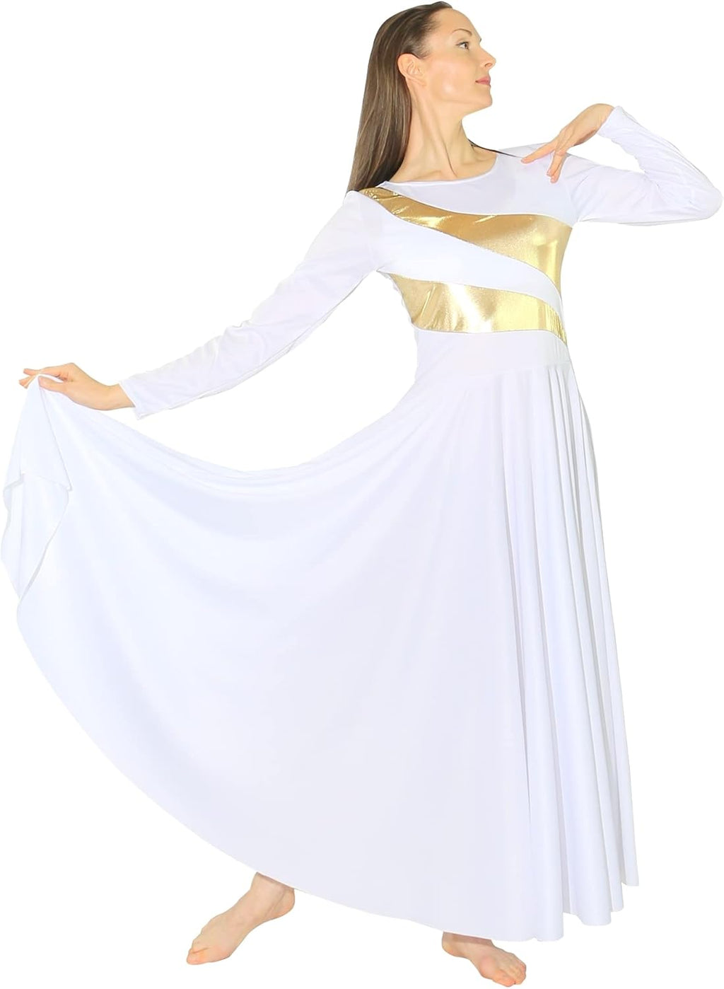 Danzcue Womens Metallic Worship Dance Dress, Metallic Bicolor Full Length Praise Dance Dress