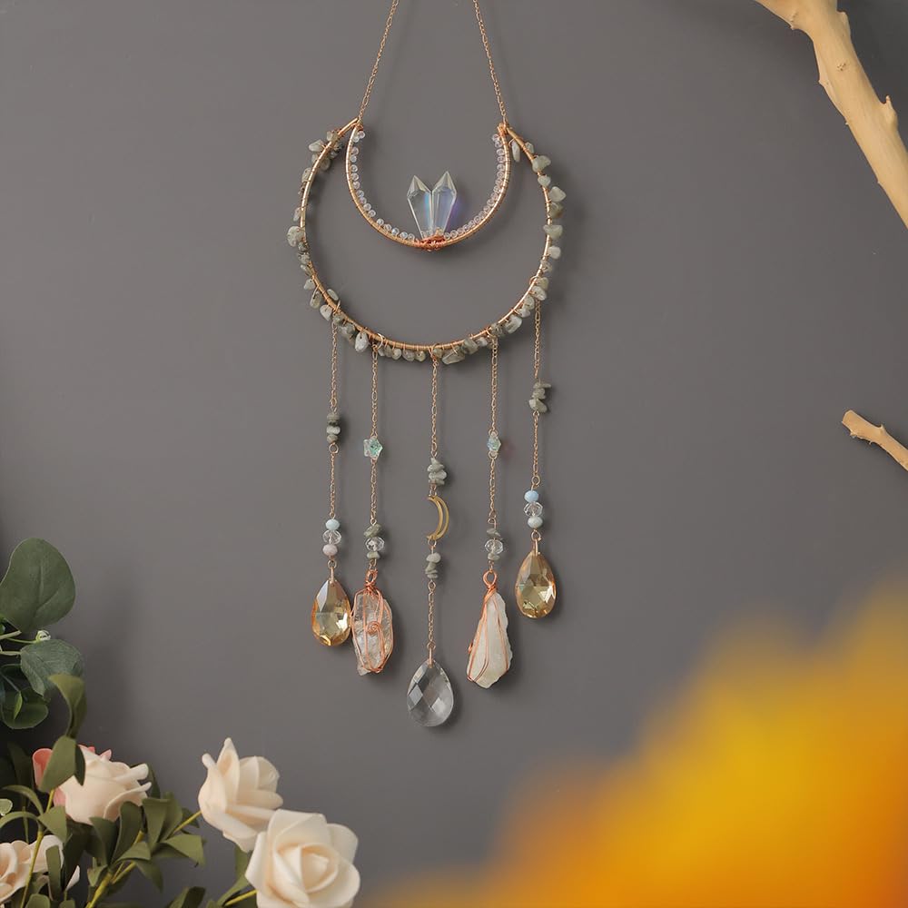 Crystals Tree of Life Dream Catcher, Natural Gemstone Agate Chakra Sign, Wall Hanging, Home Decoration for Meditation, Yoga Wall Art, Mandala Ornaments for Bedroom (7 Chakra Crystals)