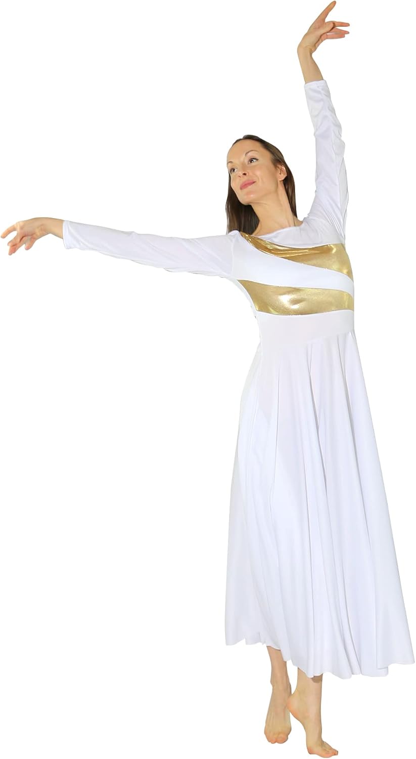 Danzcue Womens Metallic Worship Dance Dress, Metallic Bicolor Full Length Praise Dance Dress