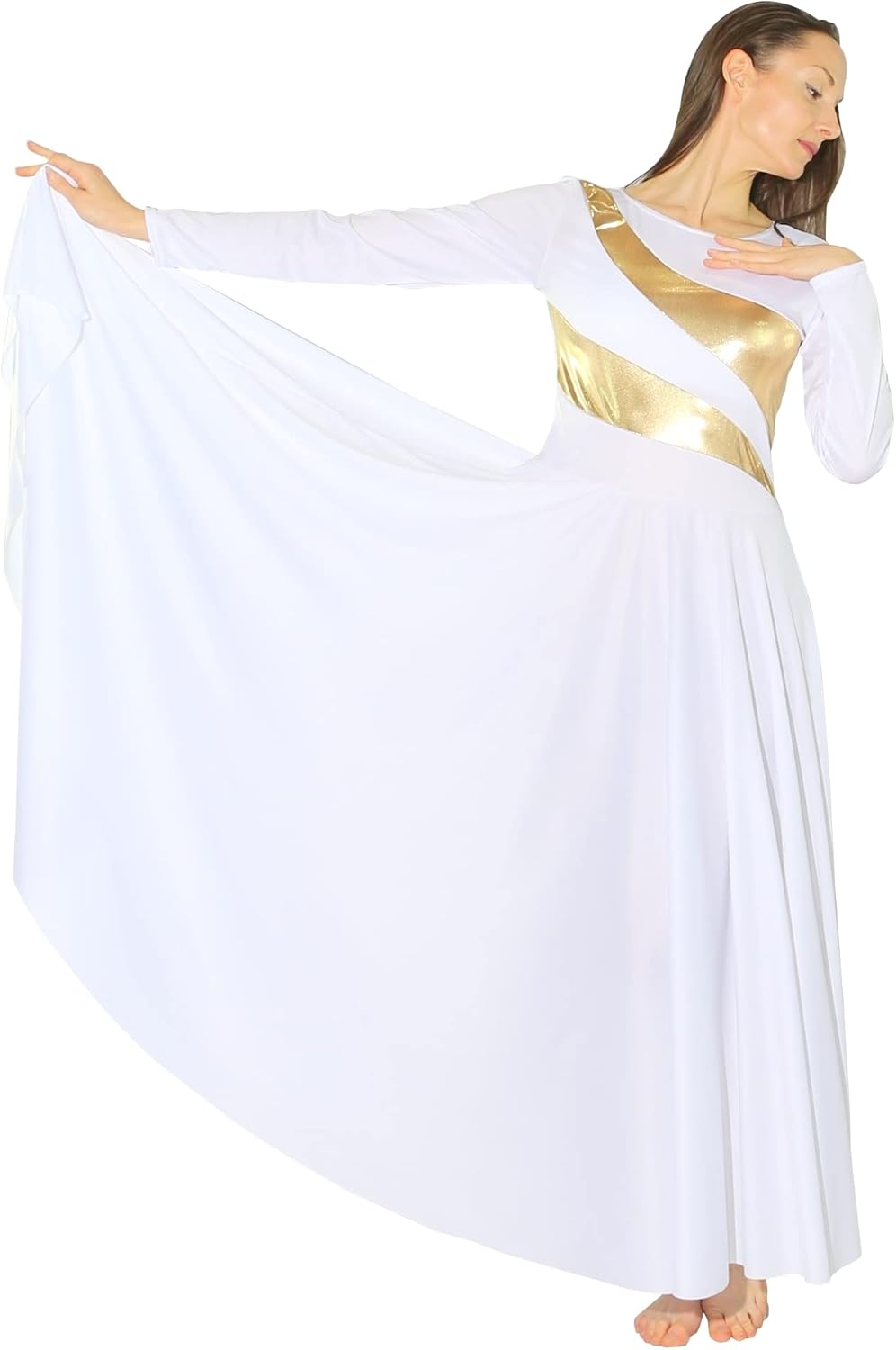 Danzcue Womens Metallic Worship Dance Dress, Metallic Bicolor Full Length Praise Dance Dress