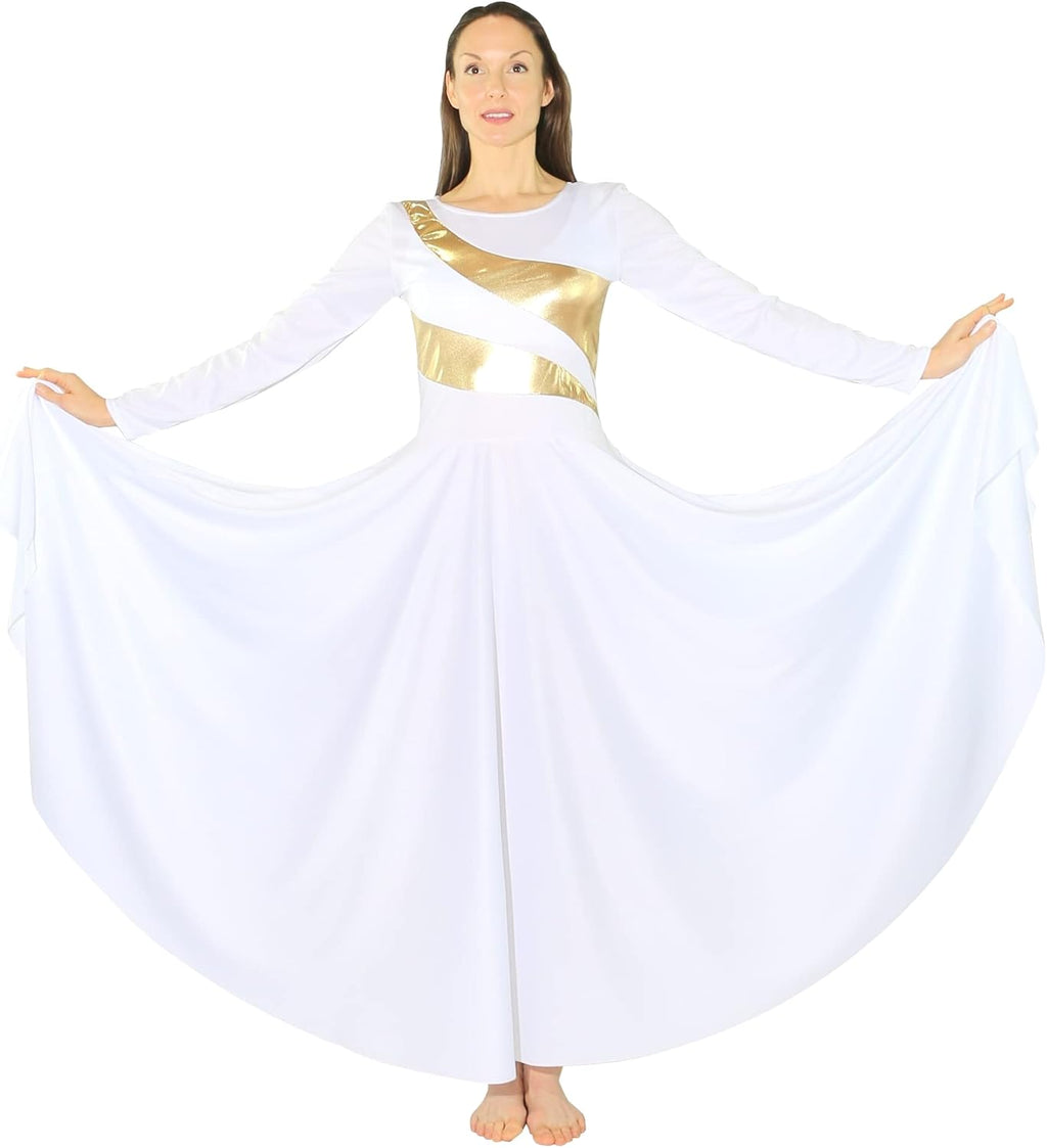 Danzcue Womens Metallic Worship Dance Dress, Metallic Bicolor Full Length Praise Dance Dress