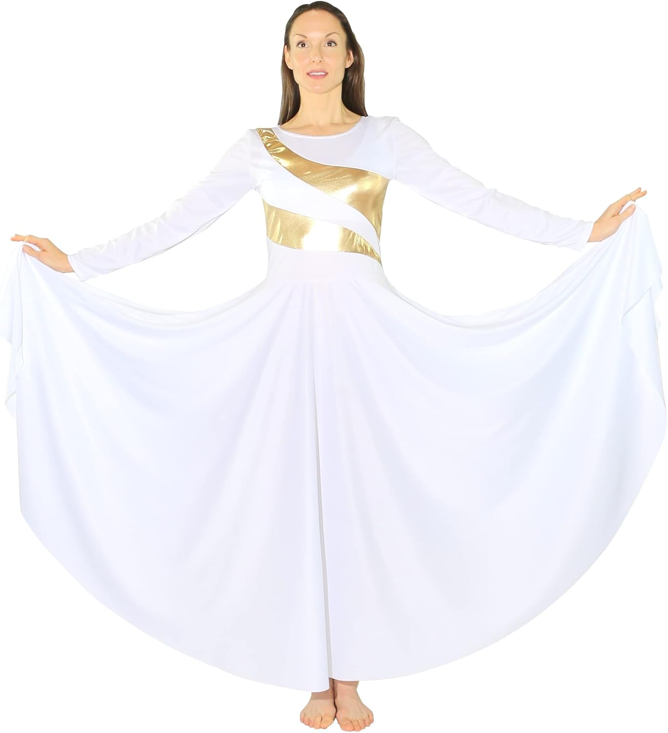 Danzcue Womens Metallic Worship Dance Dress, Metallic Bicolor Full Length Praise Dance Dress