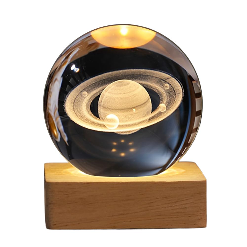 Demiawaking USB 3D Kristallkugel mit Holzsockel 3D Sonnensystem mit LED, Tischdeko Planet Lampe Nachtlicht, Geburtstag Kinder Geschenke, Party Deko (Milchstraße mit Quadrat Holzsockel)