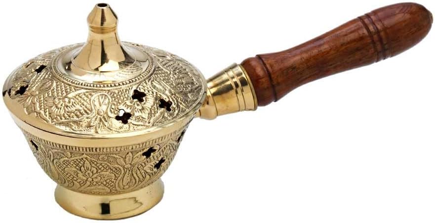 NKlaus Räucherpfännchen mit Holzgriff für Weihrauch Räucherwerk Räuchermischung Räuchergefäß Messing Gold massiv Handarbeit Dekoration Esoterik Weihrauchbrenner 7538