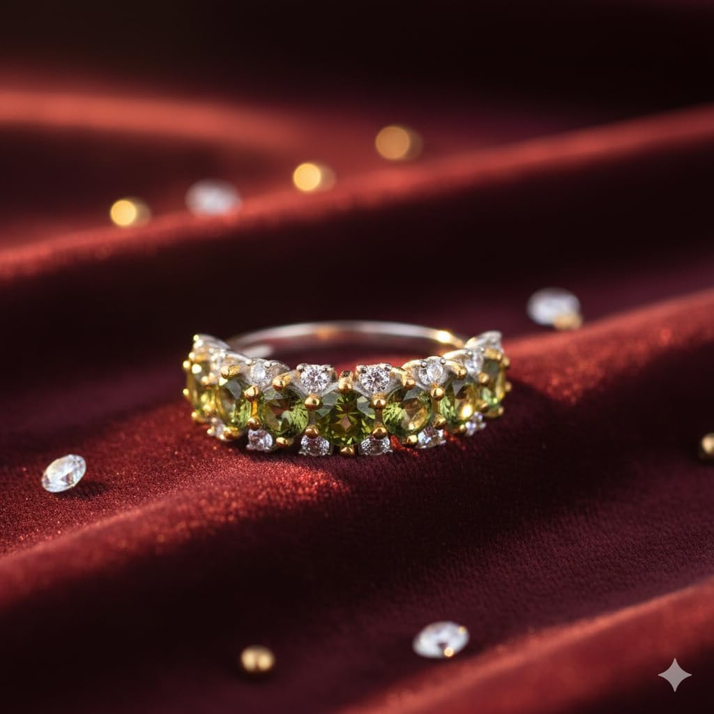 Minimaler stapelbarer Moldavit-Ring mit kubischen Zirkonia-Details, rund, 4 Millimeter, grün facettiert, Alltagsschmuck