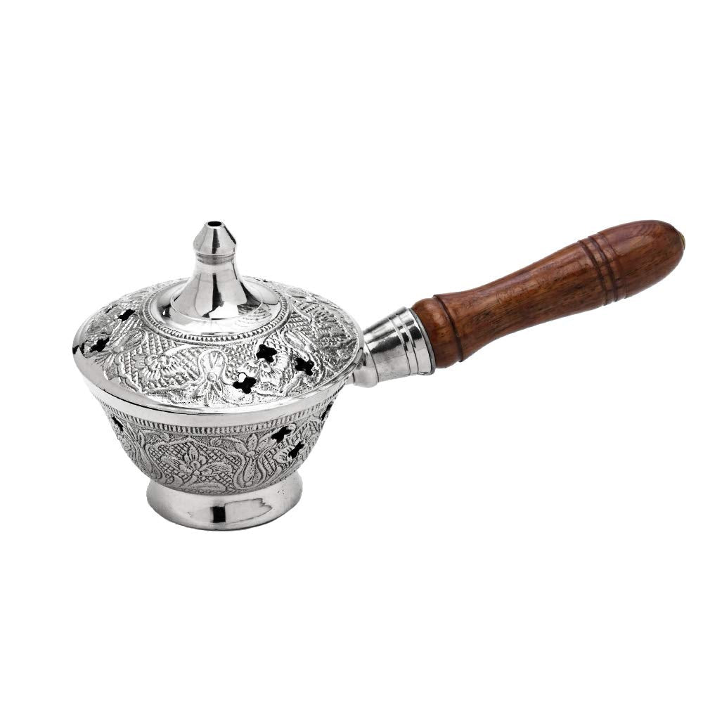 NKlaus Räucherpfännchen mit Holzgriff für Weihrauch Räucherwerk Räuchermischung Räuchergefäß Messing Gold massiv Handarbeit Dekoration Esoterik Weihrauchbrenner 7538
