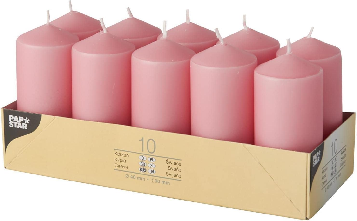 Papstar 17913, 10 Pillar candles, Ø 40 mm, 90 mm, dark pink, Burning time: approx. 9 hours