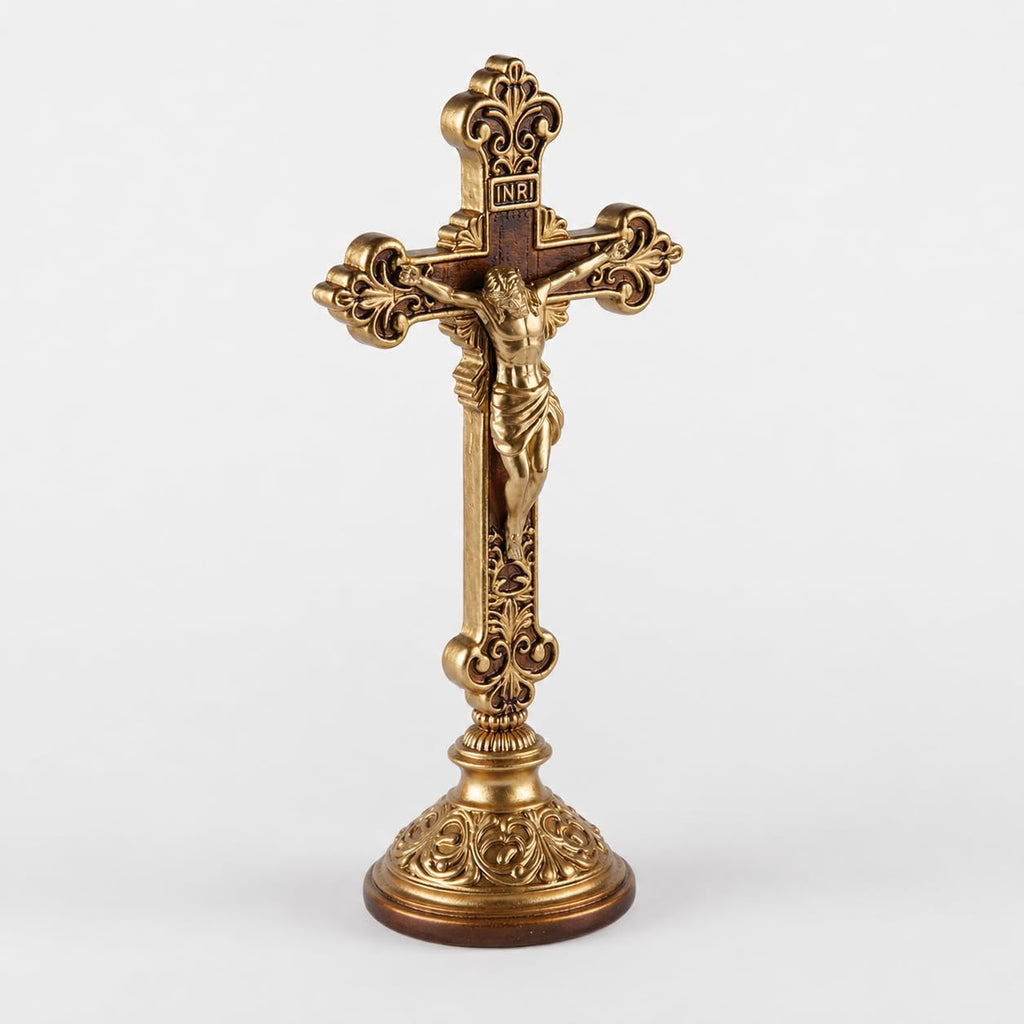 Jesus Christ Crucifix Statue with Base, 12 Inch Gold Resin Tabletop Cross, Elegant Religious Standing Crucifix Figurine for Home Altar, Catholic Spiritual Gift for Prayer, Meditation and Holiday Decor