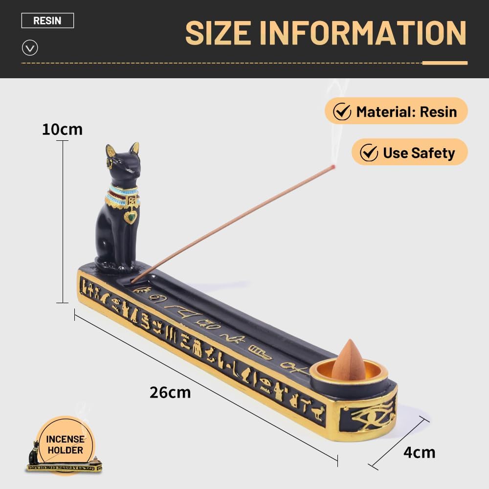 Ancient Egyptian Resin Incense Burner Ornament Tea House Home Decor Egyptian Cat God Statue Incense Burner Holder with Plate Base