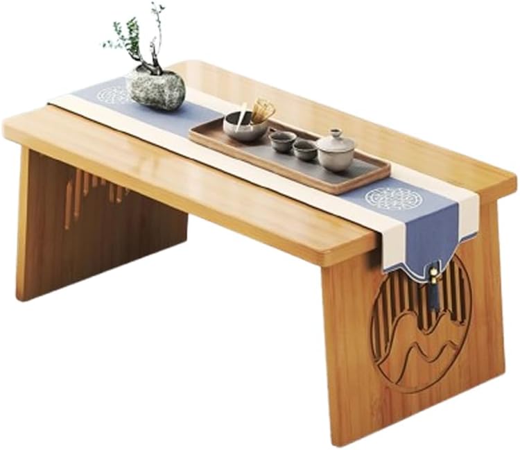 Faltbarer japanischer Stil Boden Kleiner Teetisch, Tatami Couchtisch, niedriger Altartisch für Meditation, für Boden Sitzen, für Essen und Spirituelle Praktiken (Holz, 60x40x30cm)