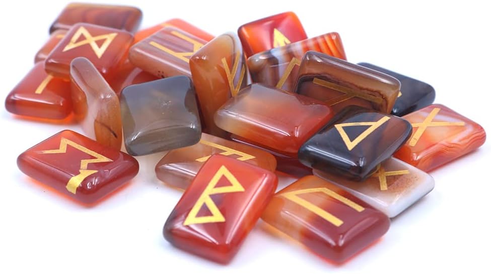 WANGCL 25pcs Red Jasper Rune Stones Tumbled Gemstone Carved Rune Words for Fortune Telling Crystal Healing Reiki