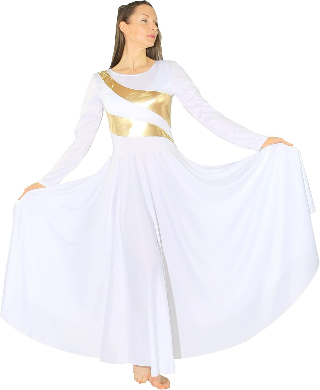 Danzcue Womens Metallic Worship Dance Dress, Metallic Bicolor Full Length Praise Dance Dress