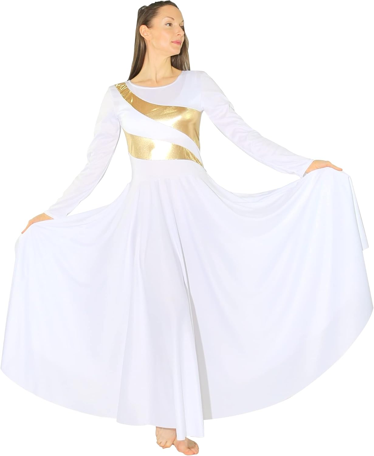 Danzcue Womens Metallic Worship Dance Dress, Metallic Bicolor Full Length Praise Dance Dress