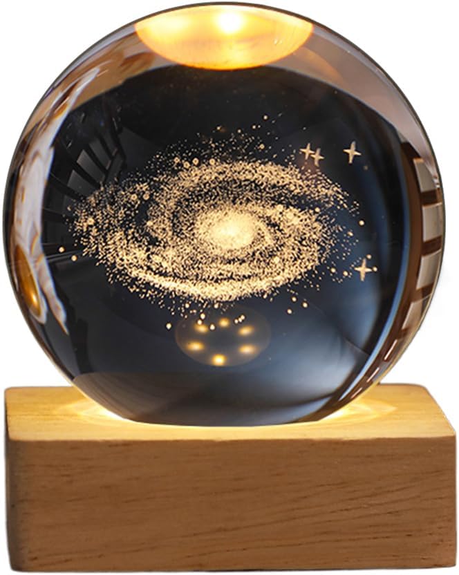 Demiawaking USB 3D Kristallkugel mit Holzsockel 3D Sonnensystem mit LED, Tischdeko Planet Lampe Nachtlicht, Geburtstag Kinder Geschenke, Party Deko (Milchstraße mit Quadrat Holzsockel)