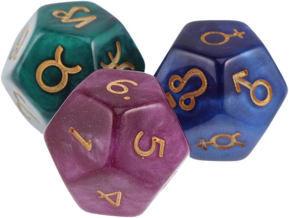 POFET 2 Set 6 Pieces Multicolor 12-Sided Resin Dice Astrology Tarot Constellation Divination Model A