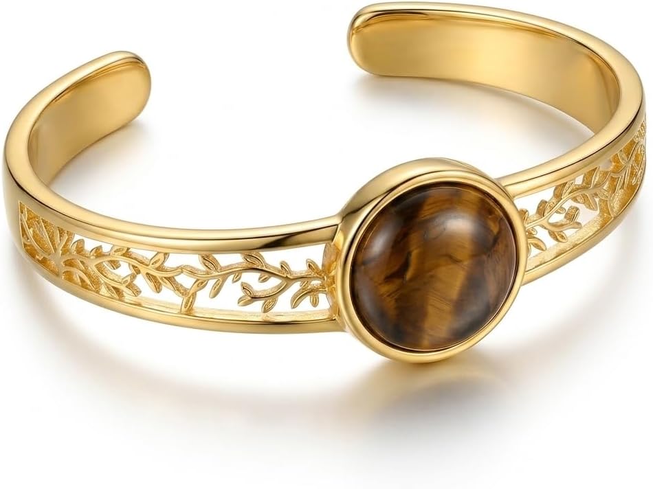 Tiger Eye Tree of Life Cuff Bracelet 14k Gold Plated Open Bangle