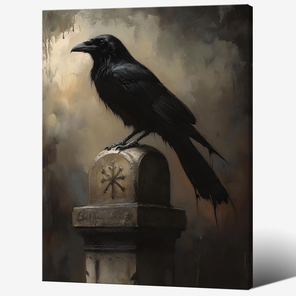 incstirup Vintage Moody Halloween Wall Art Raven-Crow Poster For Farmhouse Cottage Gothic Wall Decor-Dark Academia Art Canvas Print Picture For Room Bedroom Halloween Decor