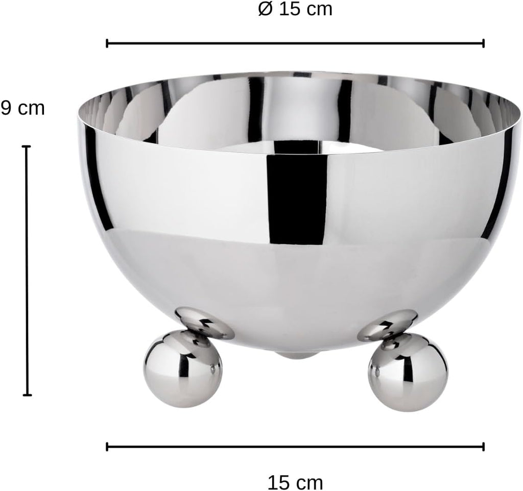 EDZARD Chicago Bowl Diameter 15 cm Height 9 cm on 3 Ball Feet Polished Stainless Steel
