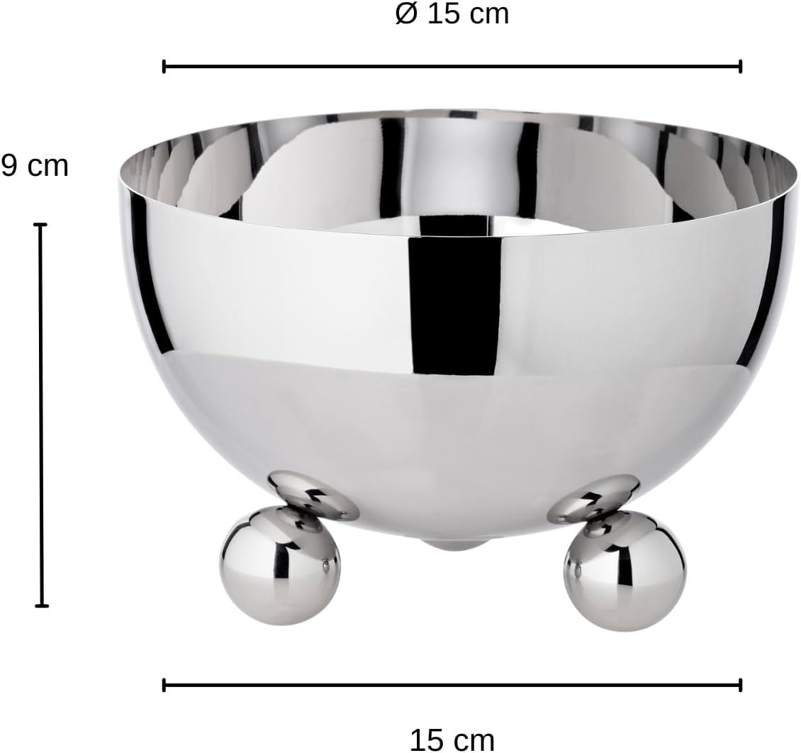 EDZARD Chicago Bowl Diameter 15 cm Height 9 cm on 3 Ball Feet Polished Stainless Steel
