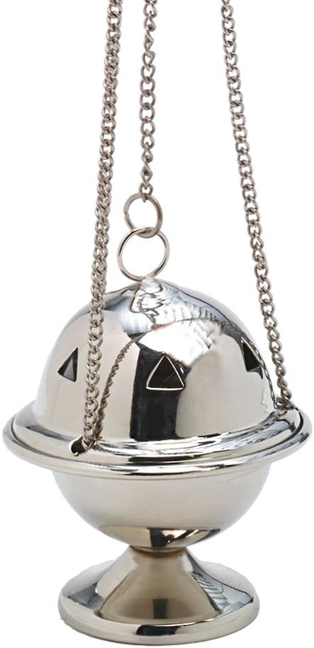 NKlaus Incense Burner & Incense Barrel Made of Brass Silver - Incense Burner with Chain 33 cm - Traditional Incense Holder 8 x 6.5 cm for Home & Church - Handmade & Elegant 7529