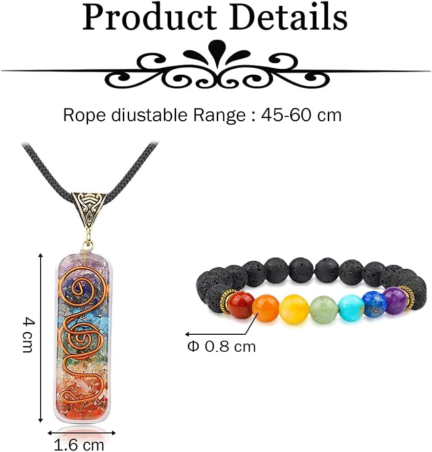 TOFBS Chakra Crystal Pendant Necklace & Bracelet Jewellery Set for Men and Women, Reiki Healing Stone Necklace Bracelet Lucky Charm for Healing Protection Positive Energy Yoga Balance Meditation