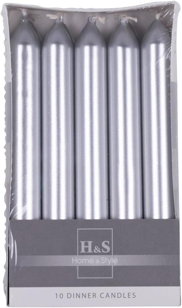 Set Smooth Varnished Taper Candles / Silver / Pack of 10 / 17 x Diameter 2 cm Unperfumed / Cylindrical / Table Candles for Decoration in the Living Room, Bathroom / 6 Hours Burning Time