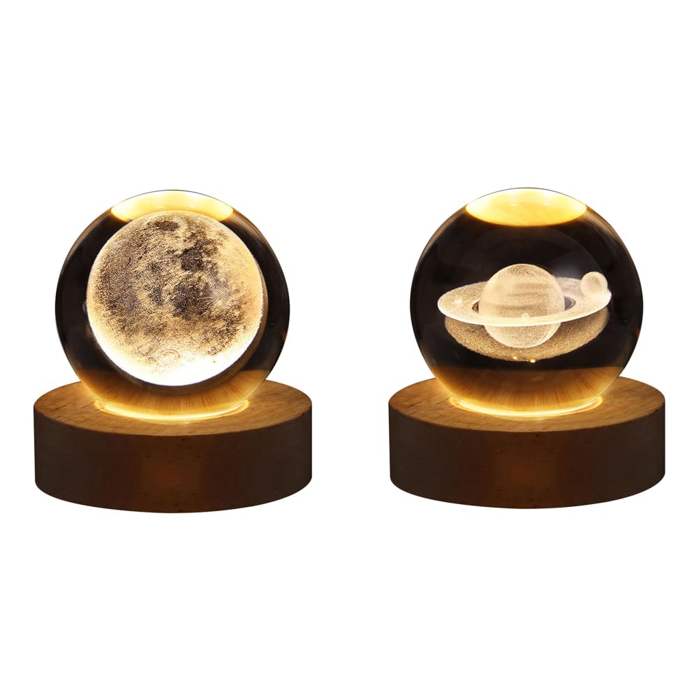 Demiawaking USB 3D Kristallkugel mit Holzsockel 3D Sonnensystem mit LED, Tischdeko Planet Lampe Nachtlicht, Geburtstag Kinder Geschenke, Party Deko (Milchstraße mit Quadrat Holzsockel)