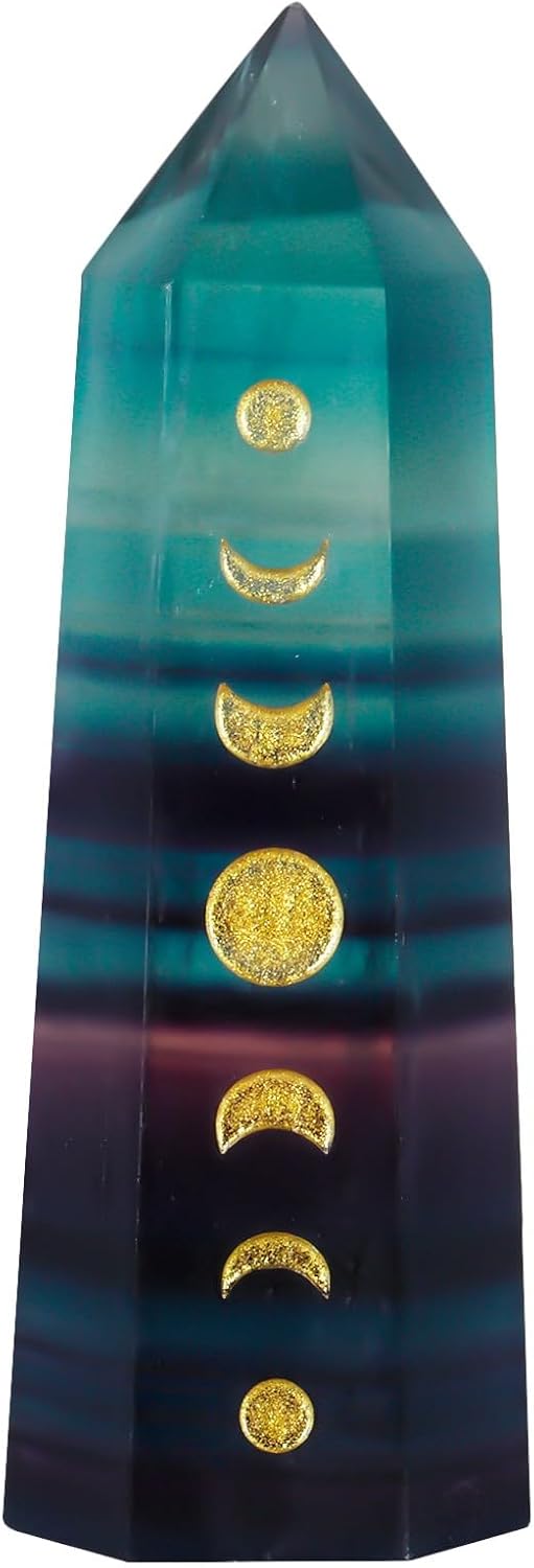 Heilstein Einzelpunktstab für Meditation Chakra-Ausgleich, Gravierte Mondphasen-Facetten-Kristallturm für die Dekoration zu Hause, Flusspat