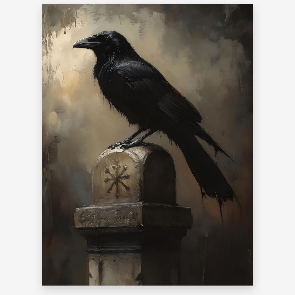 incstirup Vintage Moody Halloween Wall Art Raven-Crow Poster For Farmhouse Cottage Gothic Wall Decor-Dark Academia Art Canvas Print Picture For Room Bedroom Halloween Decor