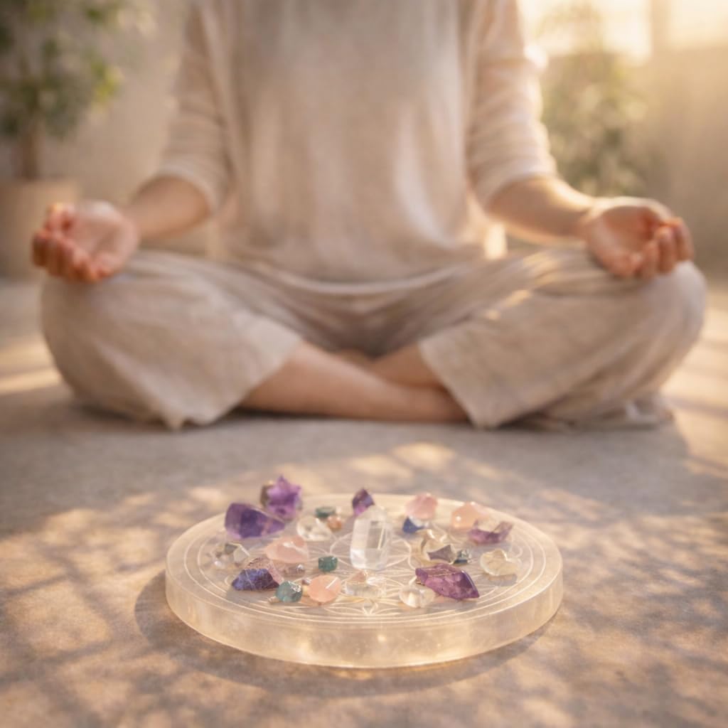 NKlaus Selenite Plate 12 cm - Handmade Healing Stone Charging Plate with Flower of Life Engraving, Polished & Energising, Ideal for Reiki, Meditation & Decoration