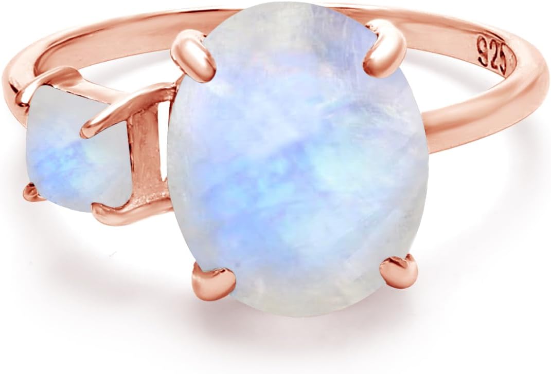 SILCASA Moderner Mondstein Solitärring - ovaler Edelstein mit quadratischen Akzenten in Roségold - trendiger Statement-Ring 8,5