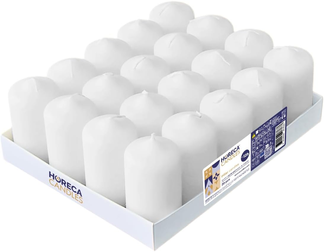 Horeca Candles - Stumpenkerzen - Weiß - Ø 4 x 7 cm - 20er Set Blockkerzen - Lange Brenndauer 12 Stunden - Ohne Duft - Kerzen für Haushalt, Feiern und Gastronomie