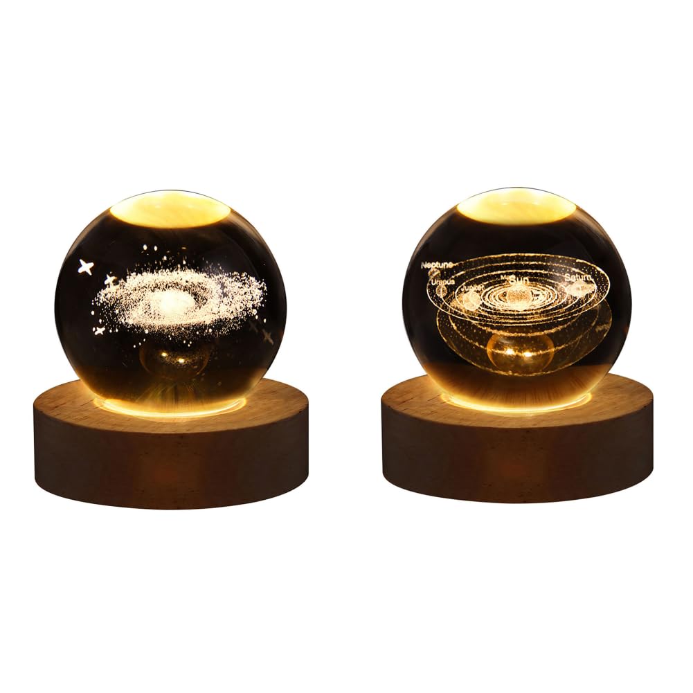 Demiawaking USB 3D Kristallkugel mit Holzsockel 3D Sonnensystem mit LED, Tischdeko Planet Lampe Nachtlicht, Geburtstag Kinder Geschenke, Party Deko (Milchstraße mit Quadrat Holzsockel)