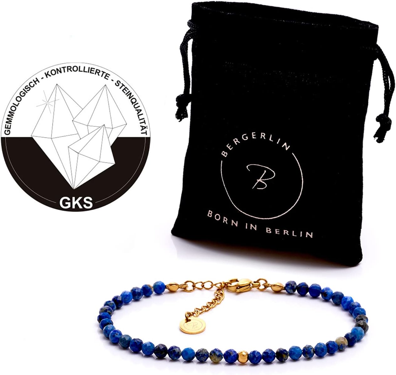 BERGERLIN Echtes Naturstein Perlenarmband - Naturstein geprüft in Deutschland, mit 925 Sterling Silberperle oder vergoldeter Perle - Mit Verschluss und Echtheitszertifikat, für Damen und Herren