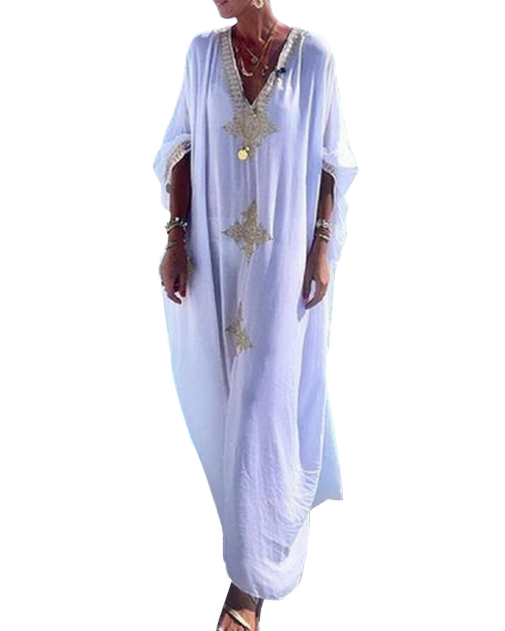 Bsubseach Gold Embroidery Long Kaftan Dresses V Neck Caftan Dress Beach Cover Ups for Women Embroidery