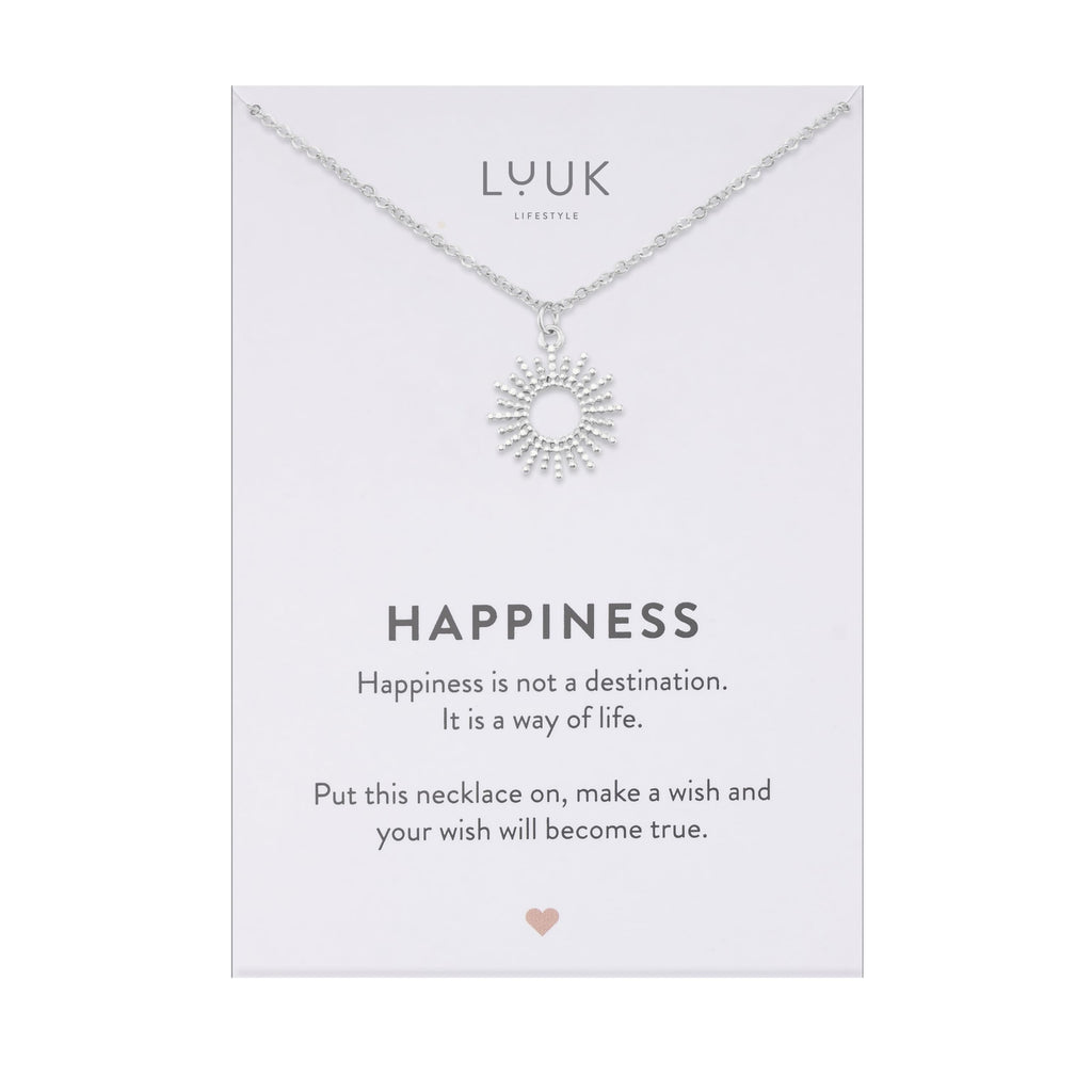 LUUK LIFESTYLE Filigrane Halsketten mit Anhänger und Karte mit HAPPINESS Spruch, zeitloses Design und moderne Motive, in Silber, Gold und Rosegold