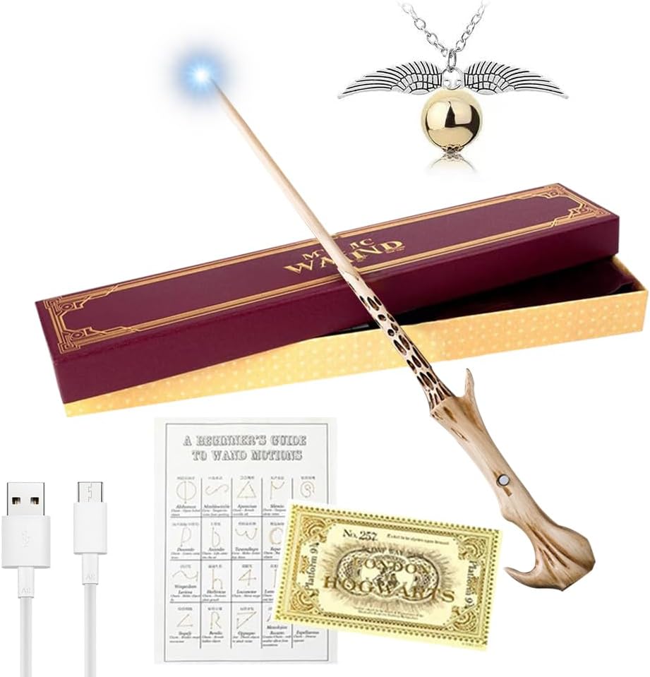 Voldemort Zauberstab Glühen, Zauberstab Voldemort mit Licht, USB Aufladung zauberstab Voldemort, Volde-Mort Harry stab in Geschenkbox mit Zauberspruch-Karte, Stationsticket und Halskette