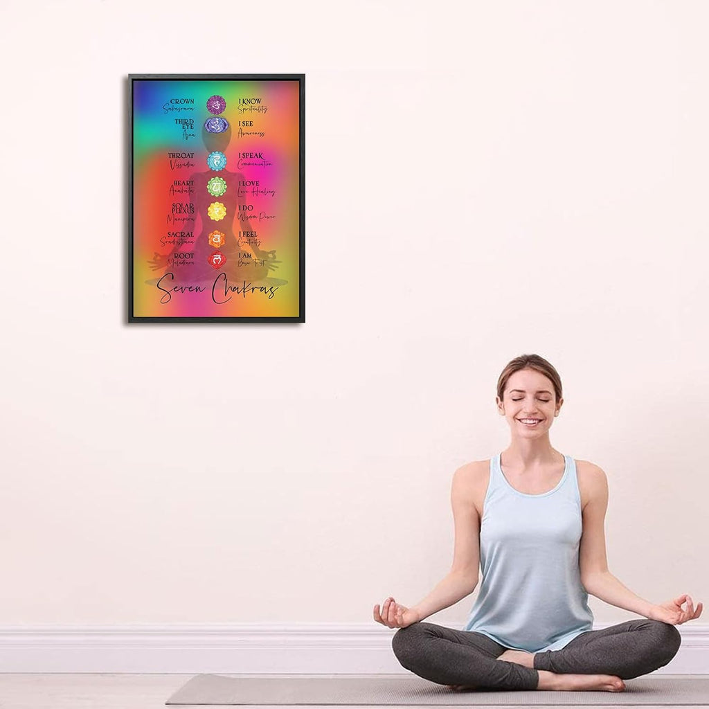 Framed 7 Chakra Chart Yoga Canvas Wall Art Zen Reiki Infographic Energy Healing Wall Decor Picture Spiritual Meditation Poster Print for Yoga Meditation Room Zen Office Home Decoration 12x16in