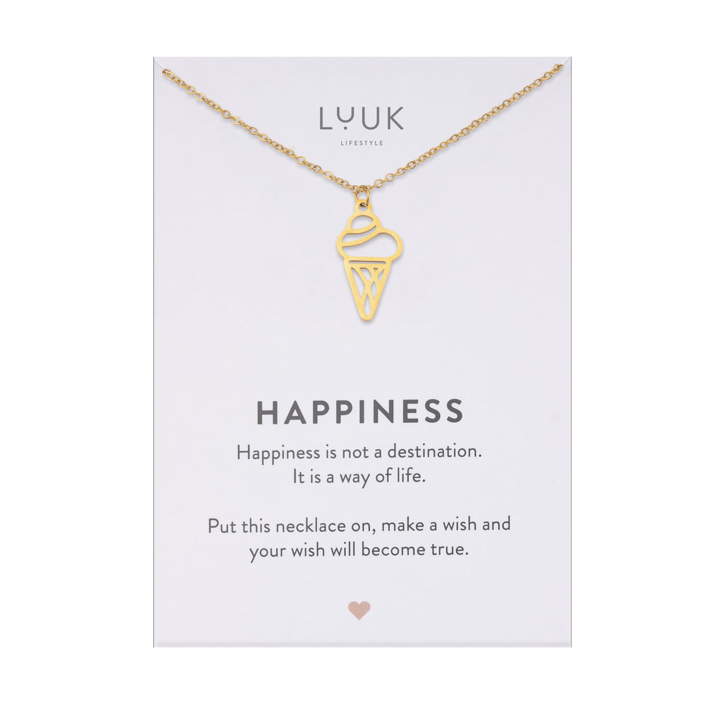 LUUK LIFESTYLE Filigrane Halsketten mit Anhänger und Karte mit HAPPINESS Spruch, zeitloses Design und moderne Motive, in Silber, Gold und Rosegold