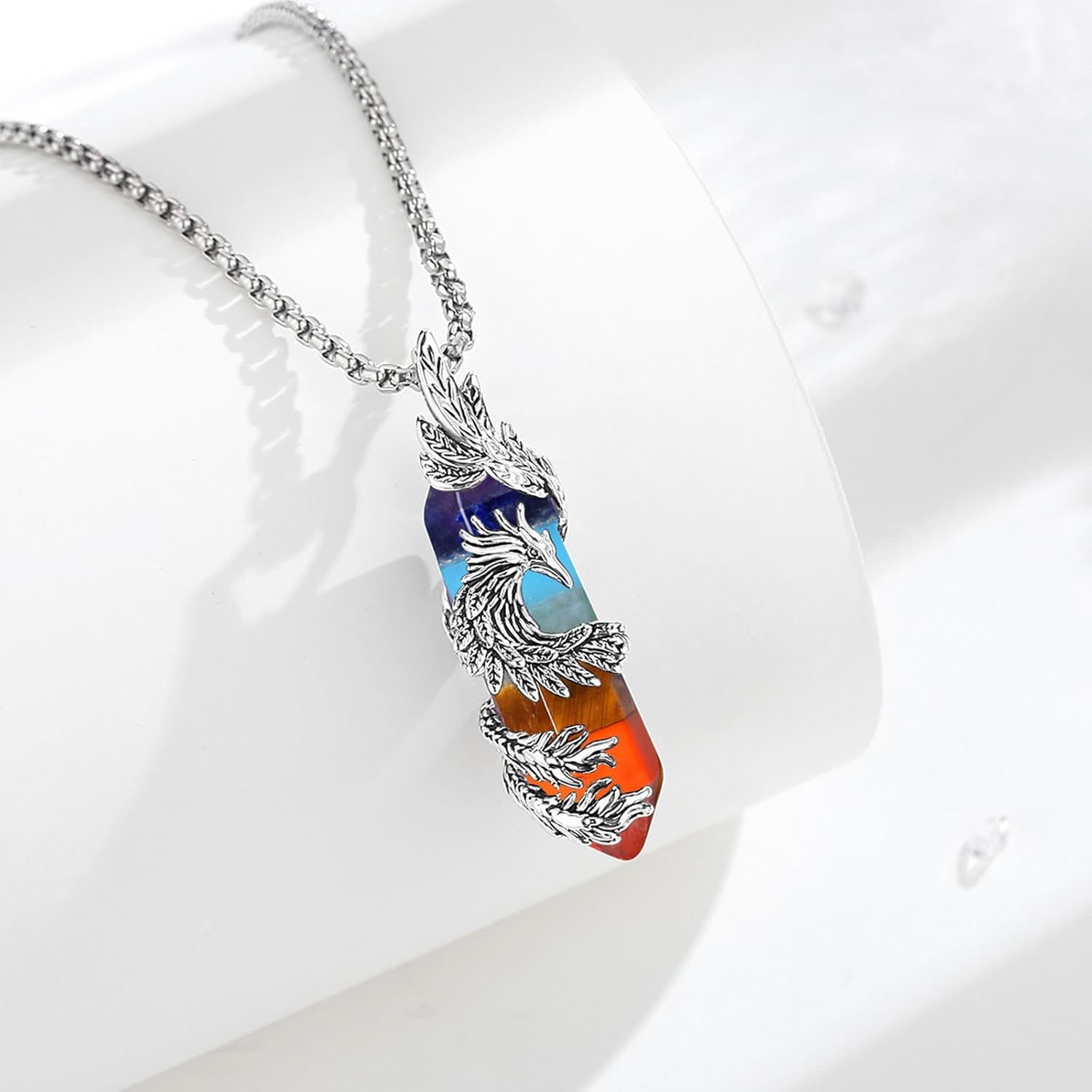 INFUSEU Kristall Phönix Kette, Vogelhänger Spirituelle Tiere Halskette Schmuck Kristall Rising Phoenix Lapislazuli Geschenke für Frauen Mädchen Damen