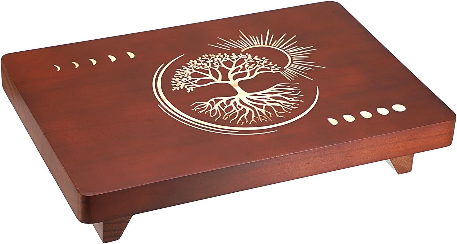 SUMTree Altartisch aus Holz, kleiner Meditationstisch, Tarottisch, buddhistischer Heiligtum, Mondphase und Baum des Lebens (30 x 20 x 6 cm), SJFR0233