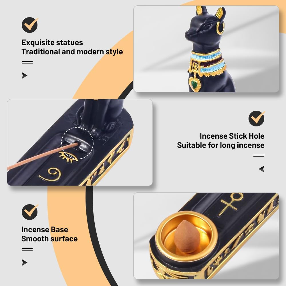 Ancient Egyptian Resin Incense Burner Ornament Tea House Home Decor Egyptian Cat God Statue Incense Burner Holder with Plate Base