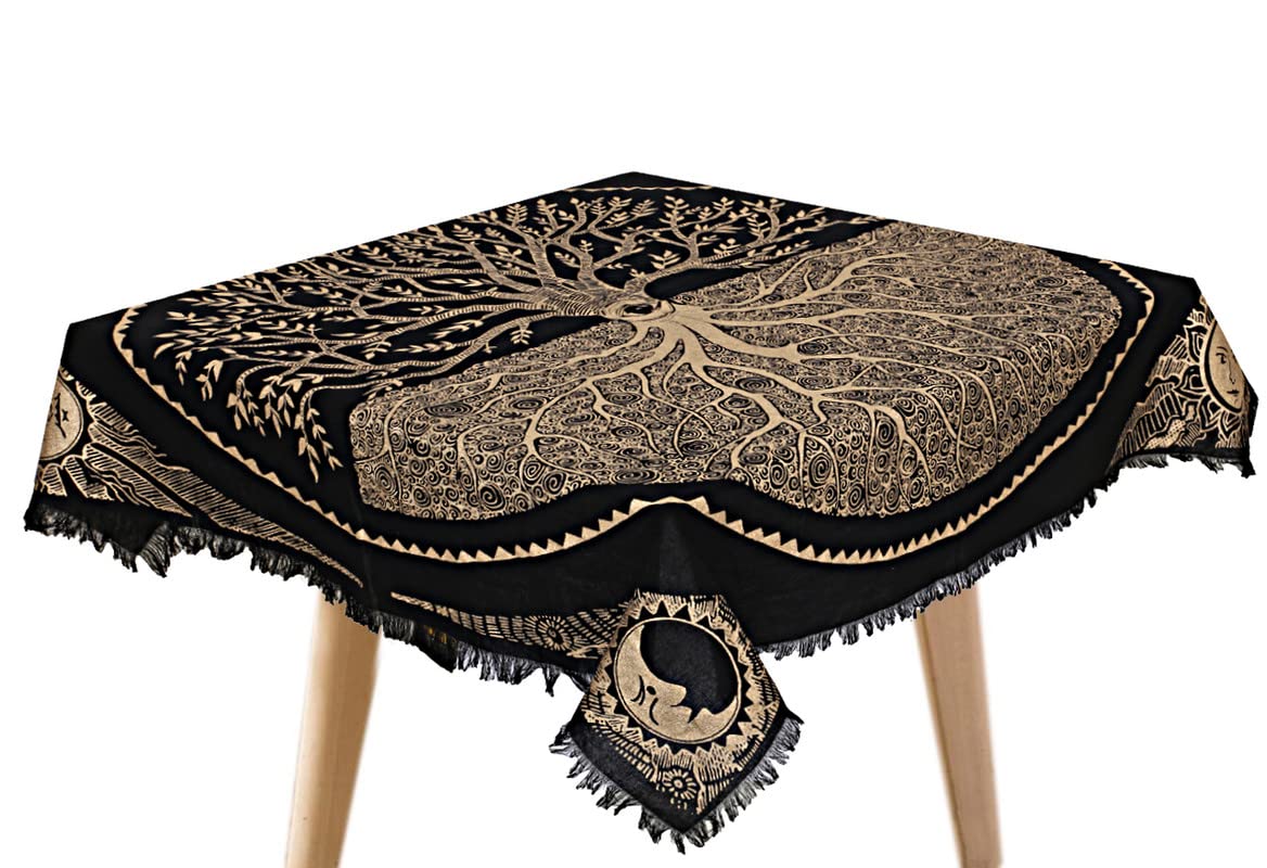 THE ART BOX Altar Cloth Tarot Cards Napkins Witchcraft Accessories Black Gold Tablecloth Square Spiritual Heavenly Cloth with Fringes, Tree of Life, 18 x 18 Inches