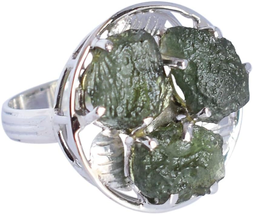 Natürlicher Moldavit-Edelstein 925 Sterling Silber Statement Ring, Trinity Ringe FSJ-4883-A