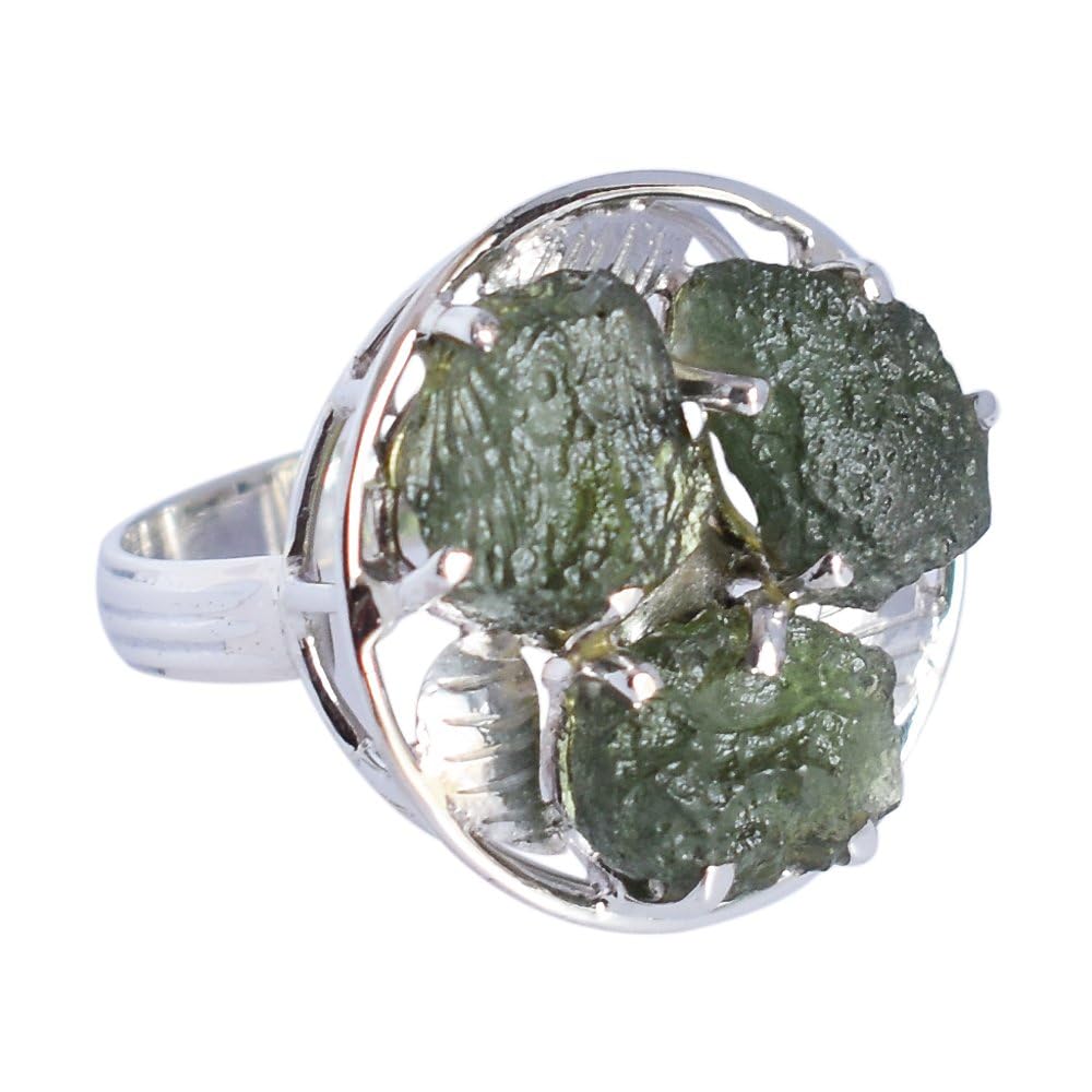 Natürlicher Moldavit-Edelstein 925 Sterling Silber Statement Ring, Trinity Ringe FSJ-4883-A